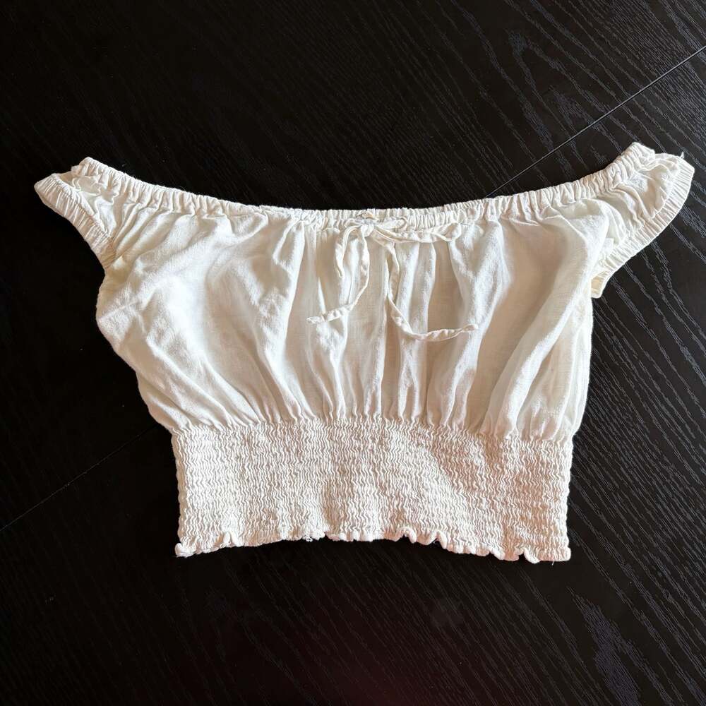 Brandy Melville Off-The-Shoulder Smocked Crop Top with Tie Front